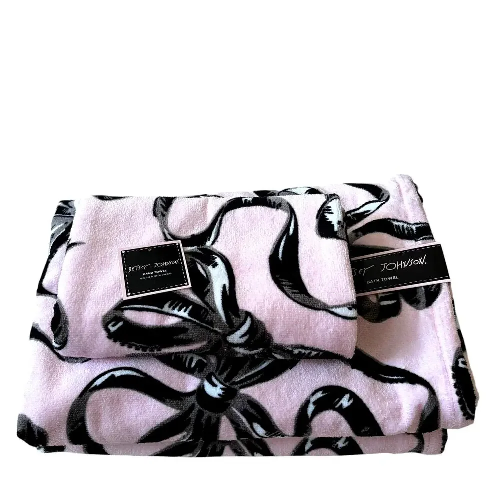 3pc Betsey Johnson BALLET BOWS Towel Set 2 Bath 1 Hand Pink & Black NEW